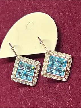 Blue Swarovski Crystal Square with Halo Drop Earrings